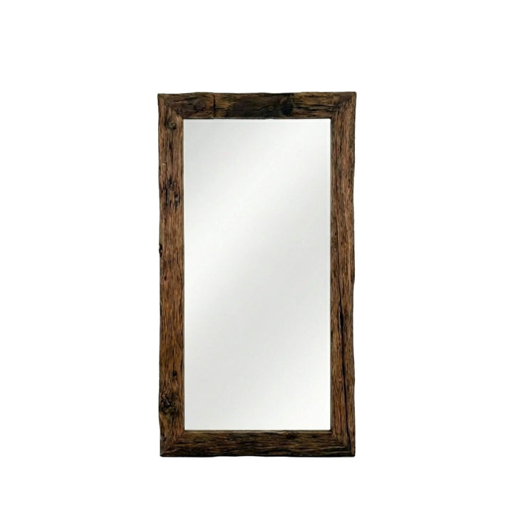 Front view of the Mansolu mirror showcasing its rectangular shape and reclaimed teak wood frame.