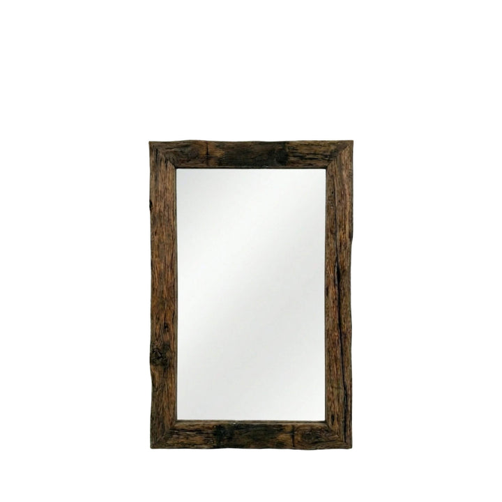 Front view of the Mansolu mirror showcasing its rectangular shape and reclaimed teak wood frame.