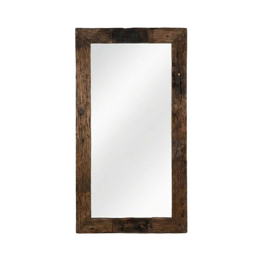Front view of the Mansolu mirror showcasing its rectangular shape and reclaimed teak wood frame.