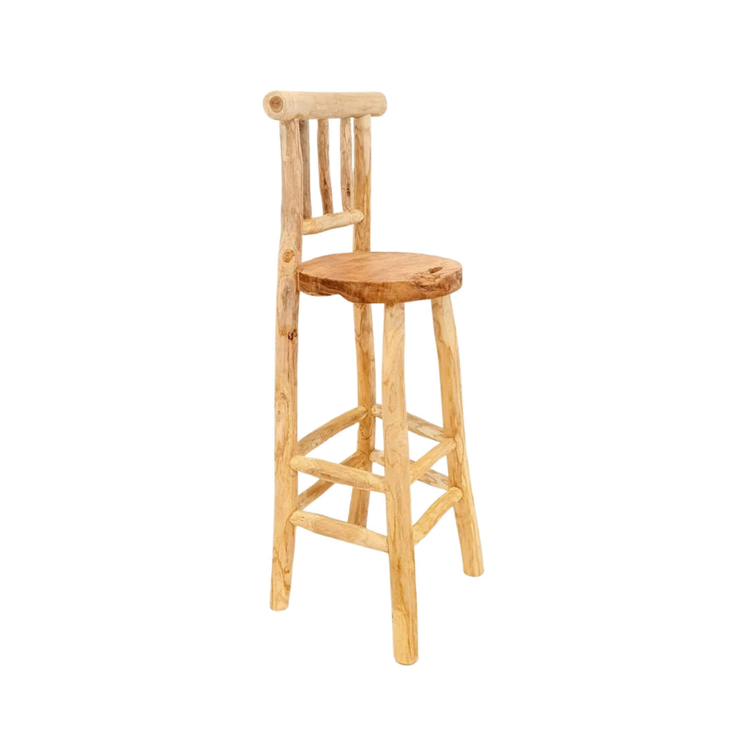 Angled view of teak wood bar stool with rustic natural design