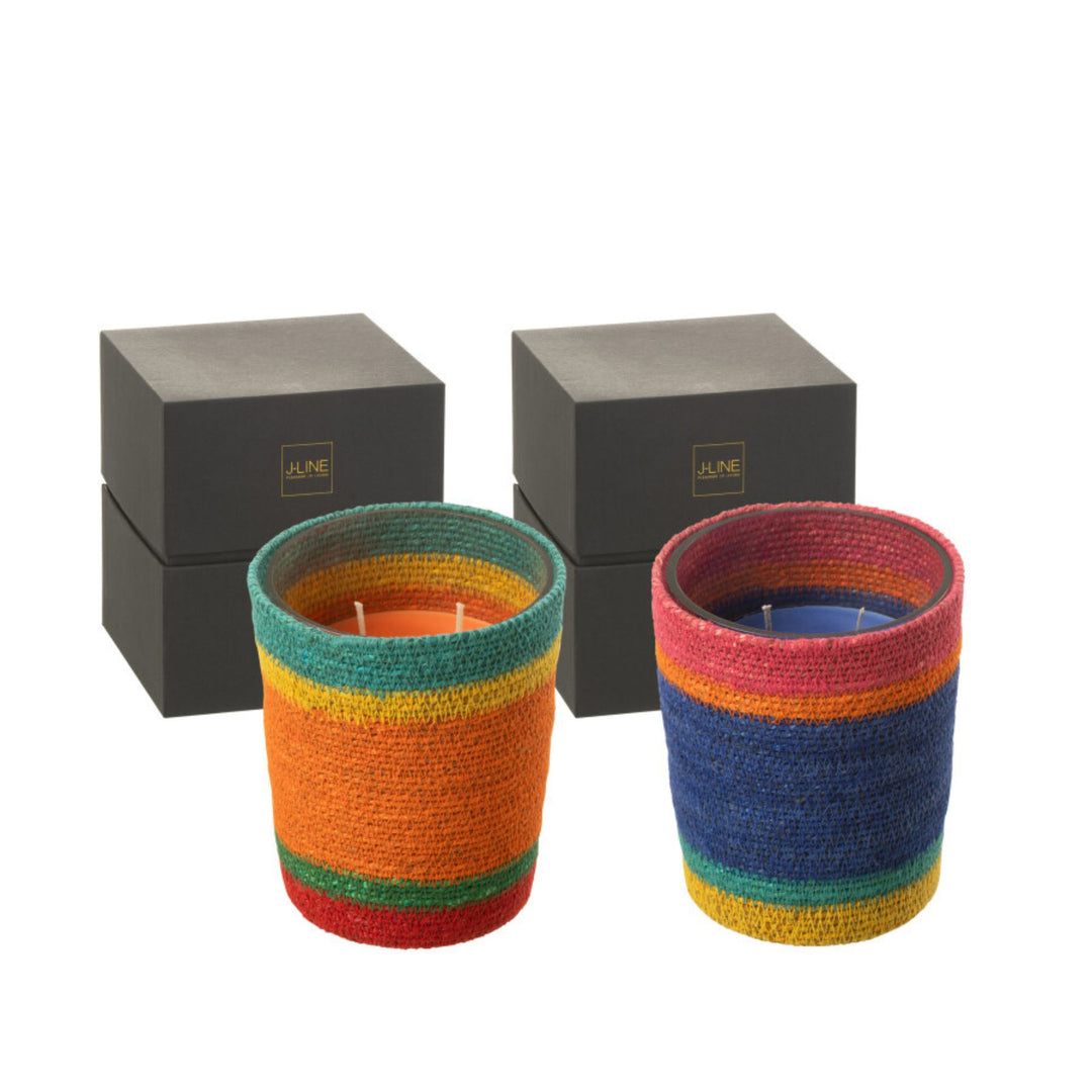 Pair of Marion Candles in contrasting woven colors with boxed packaging behind.