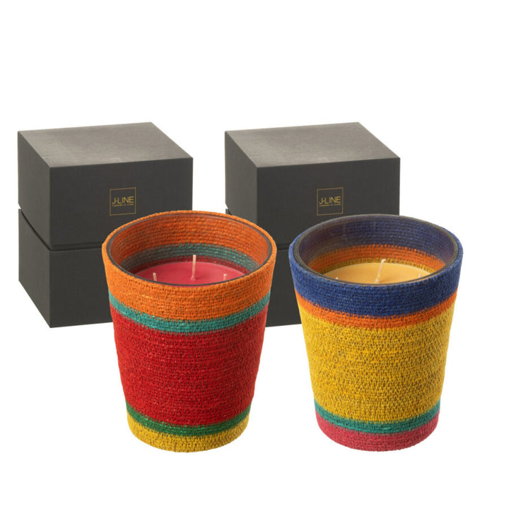 Two larger Marion Candles in multicolor fiber holders presented side by side with boxes.