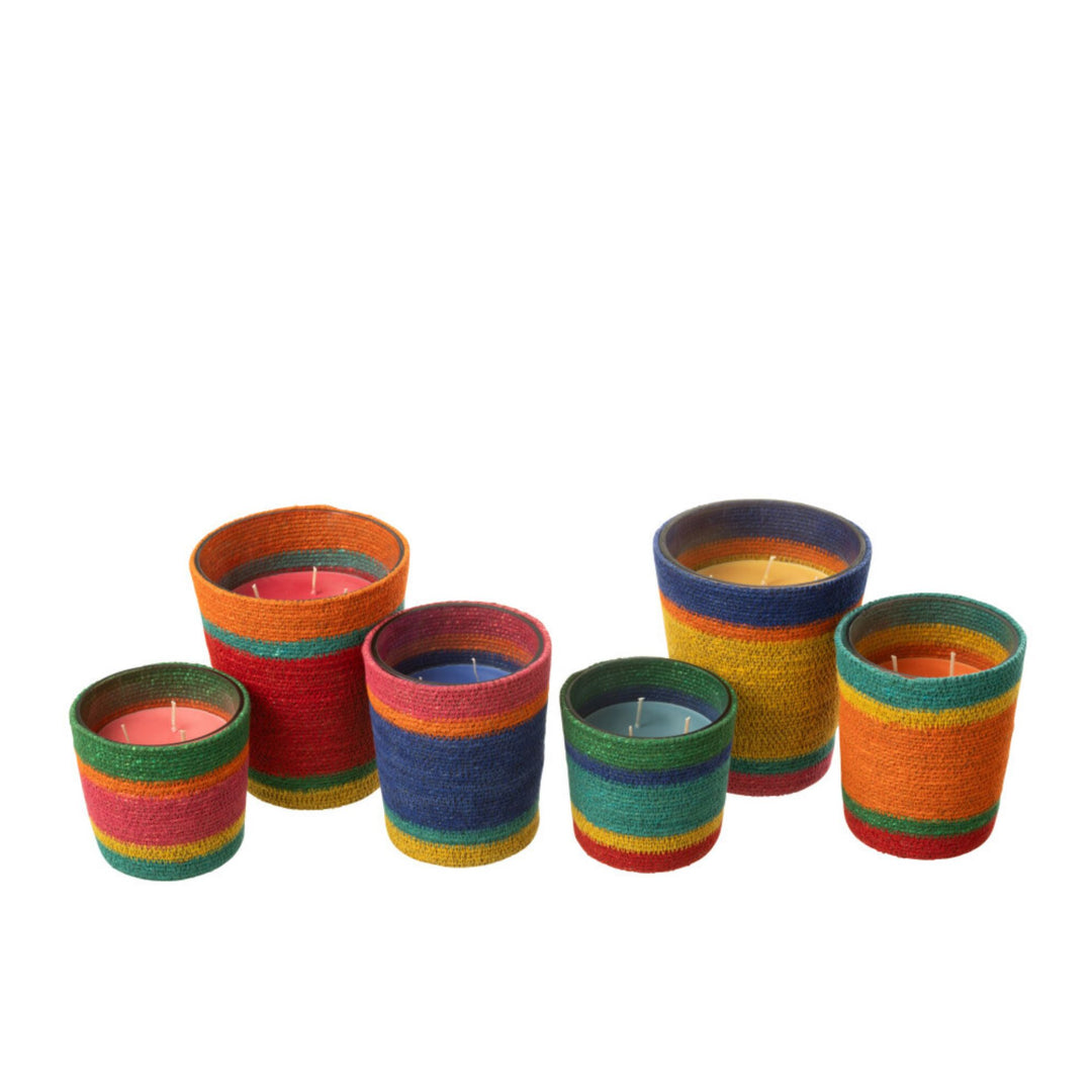 Group of Marion Candles in multicolor woven holders displayed on a white background.