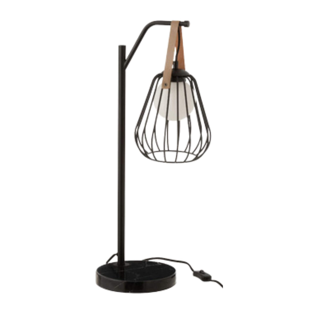 Marma Table Lamp with steel frame, marble base, and leather detail.