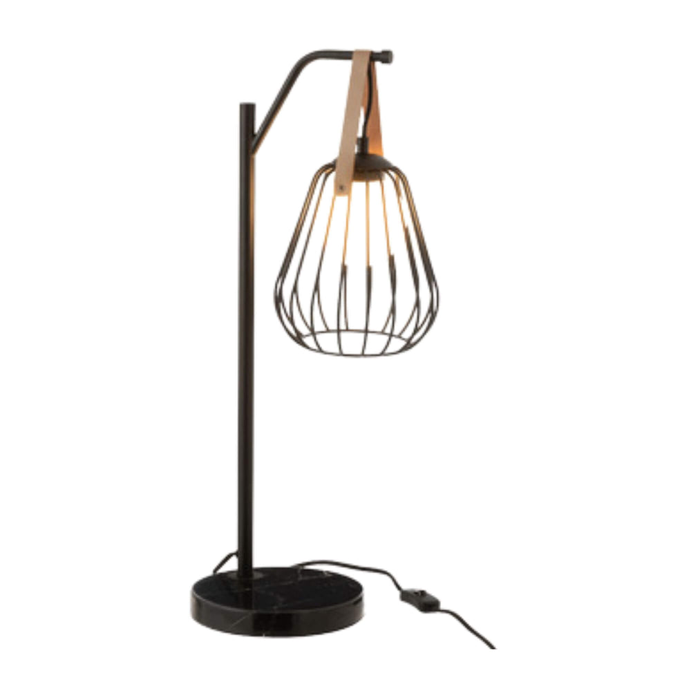 Marma table lamp cage-style shade and leather strap turn on.
