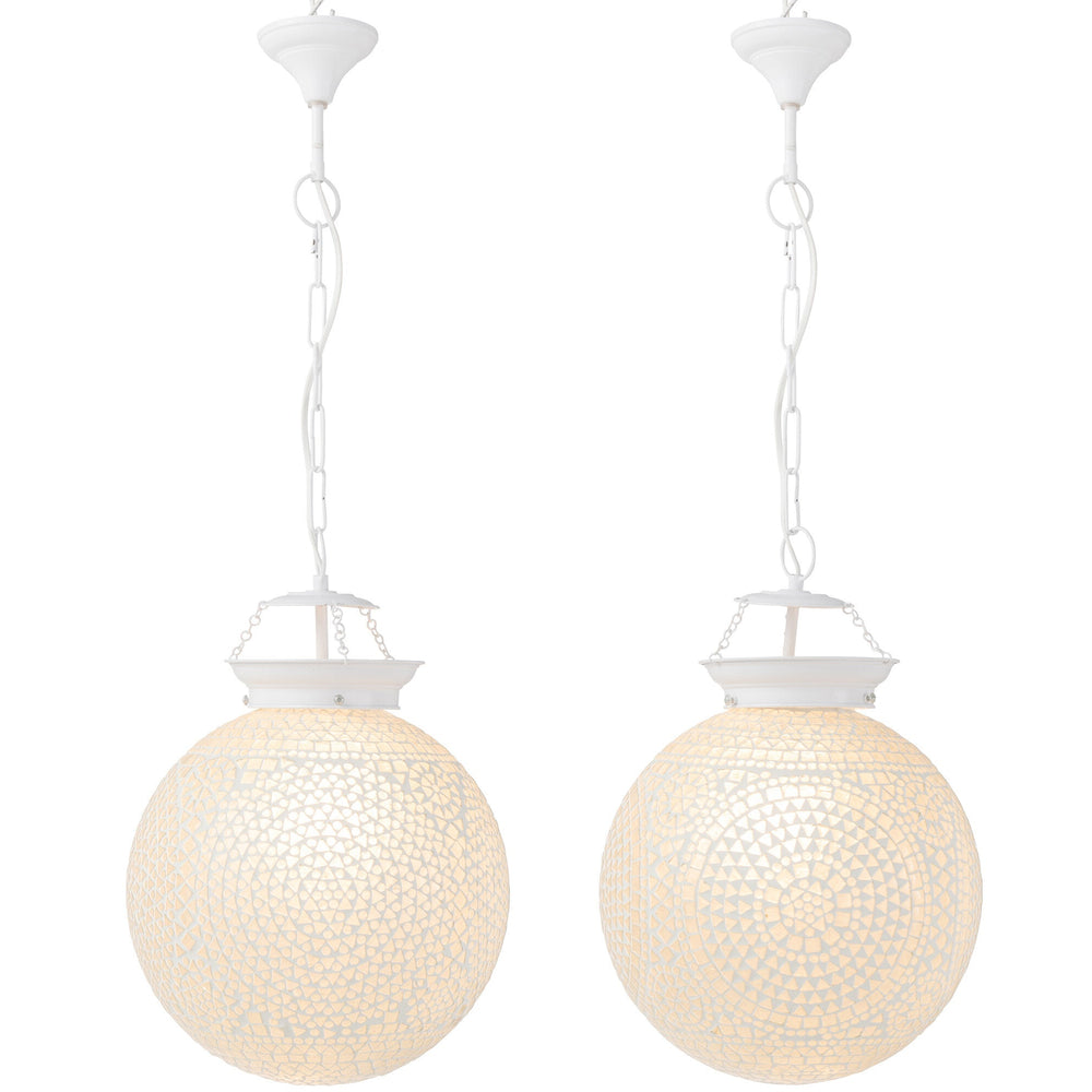 Lit pair of Marrakesh white mosaic pendant lamps shown side by side against a white background.