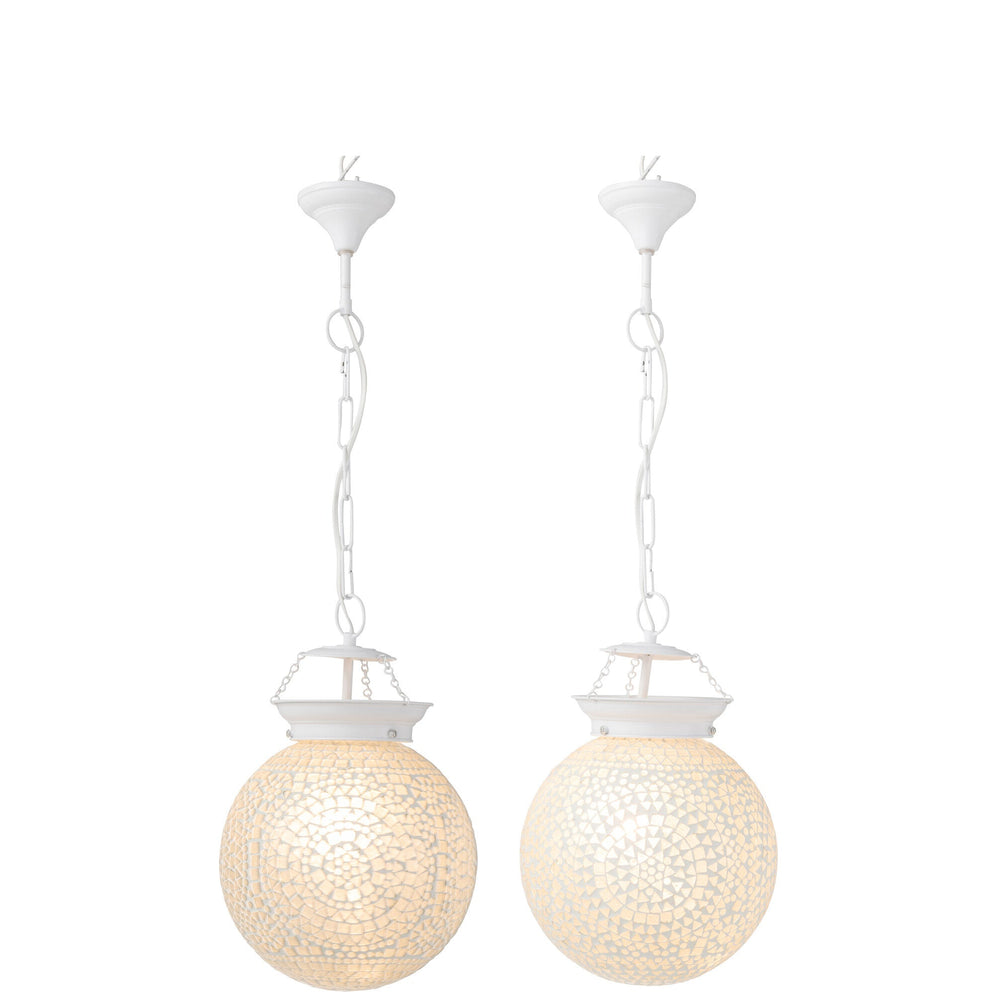 Lit pair of small Marrakesh white mosaic ceiling lamps displayed side by side.