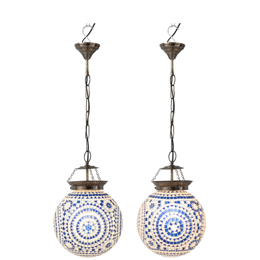 Pair of Marrakeash blue mosaic pendant lamps hanging side by side.