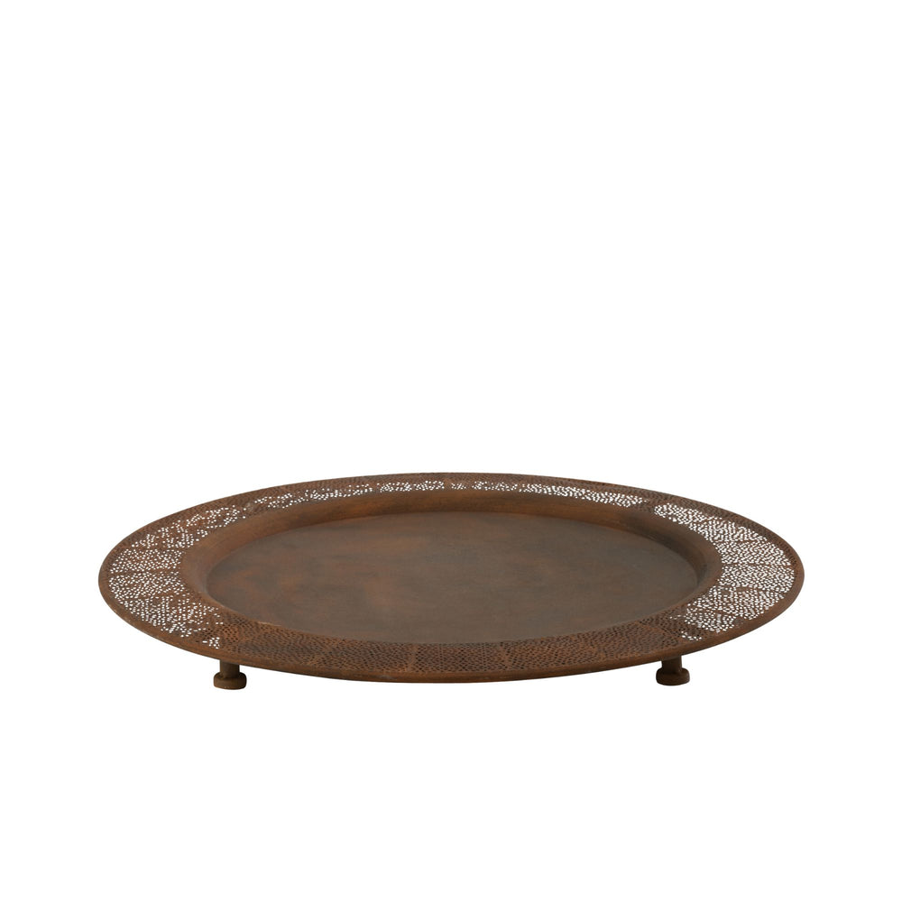 Elevated metal tray on small feet showcasing Moroccan-inspired craftsmanship.