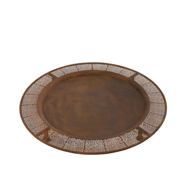 Front view of Marrakesh round metal tray with perforated decorative border.