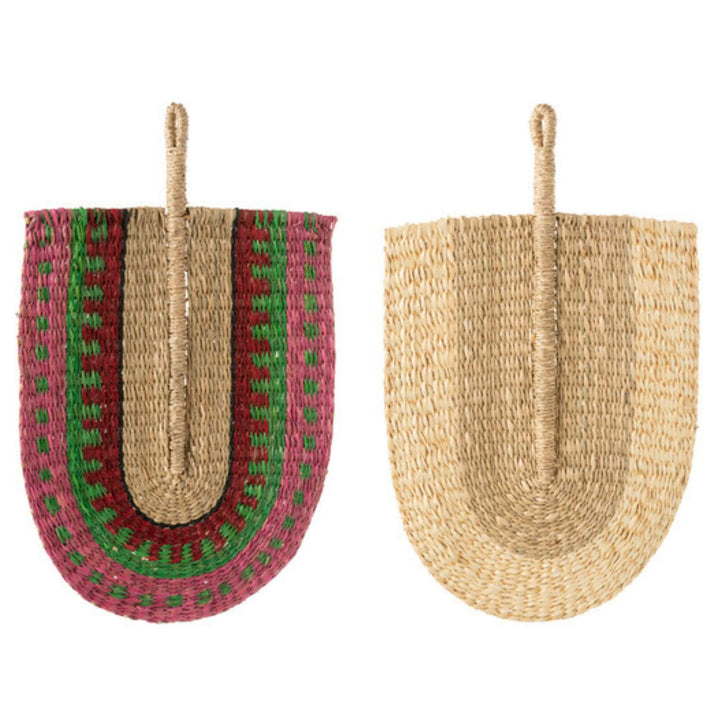 Pair of handwoven Mar Ban fans made from natural fibers, one plain and one multicolored.