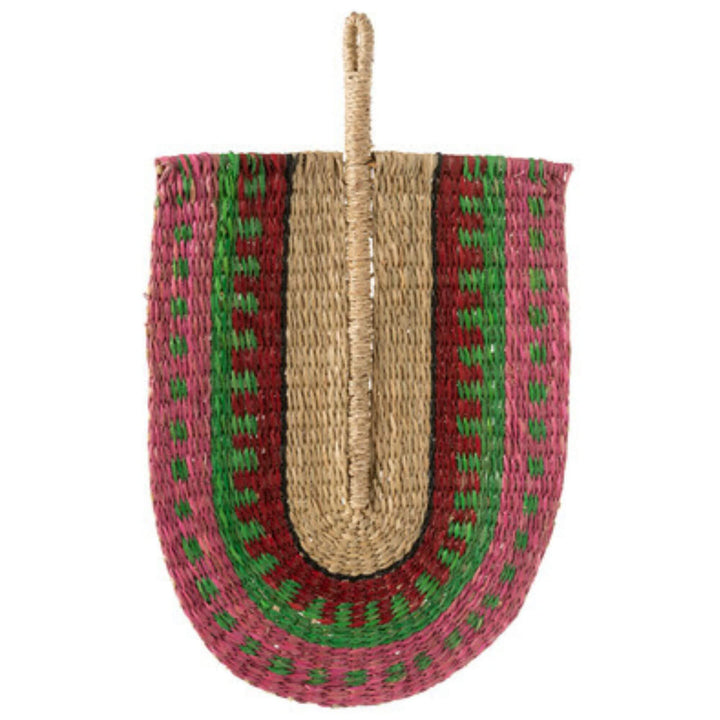 Close-up of multicolored woven Mar Ban fan with pink and green patterns.