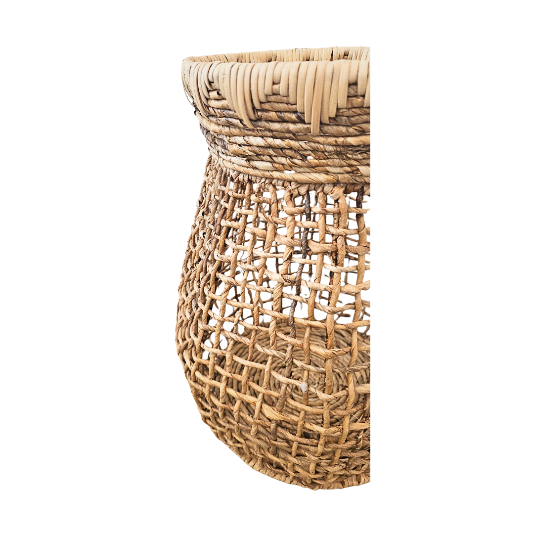 Side view showing open square weave pattern and flared rim
