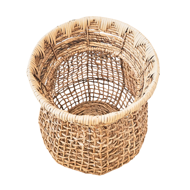 Overhead angle highlighting natural fibers and airy grid design