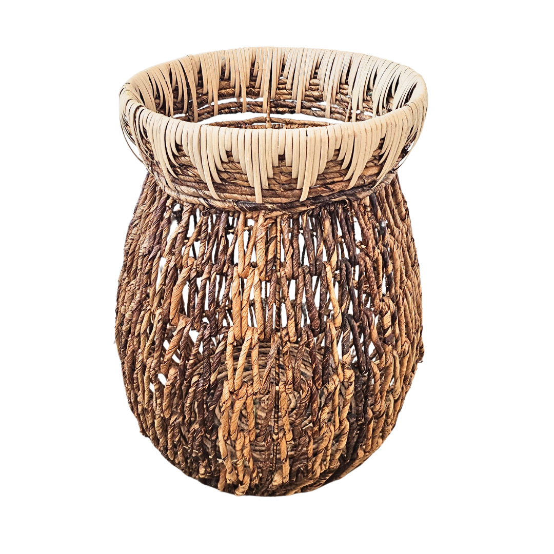 Front view of Matemwe banana basket with vertical weaving and flared rim