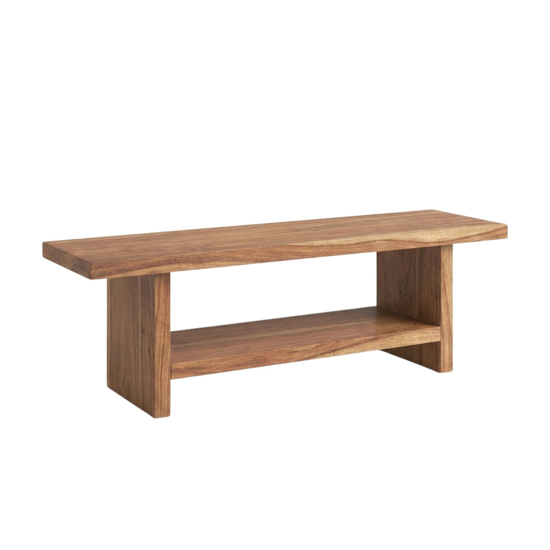 Front view of Matras suar wood TV console showing its low profile design and open storage shelf.