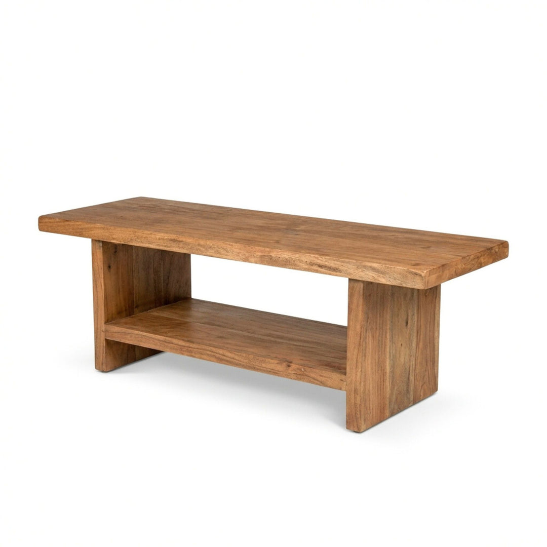 Side angle of the TV console highlighting its solid suar wood structure and clean lines.
