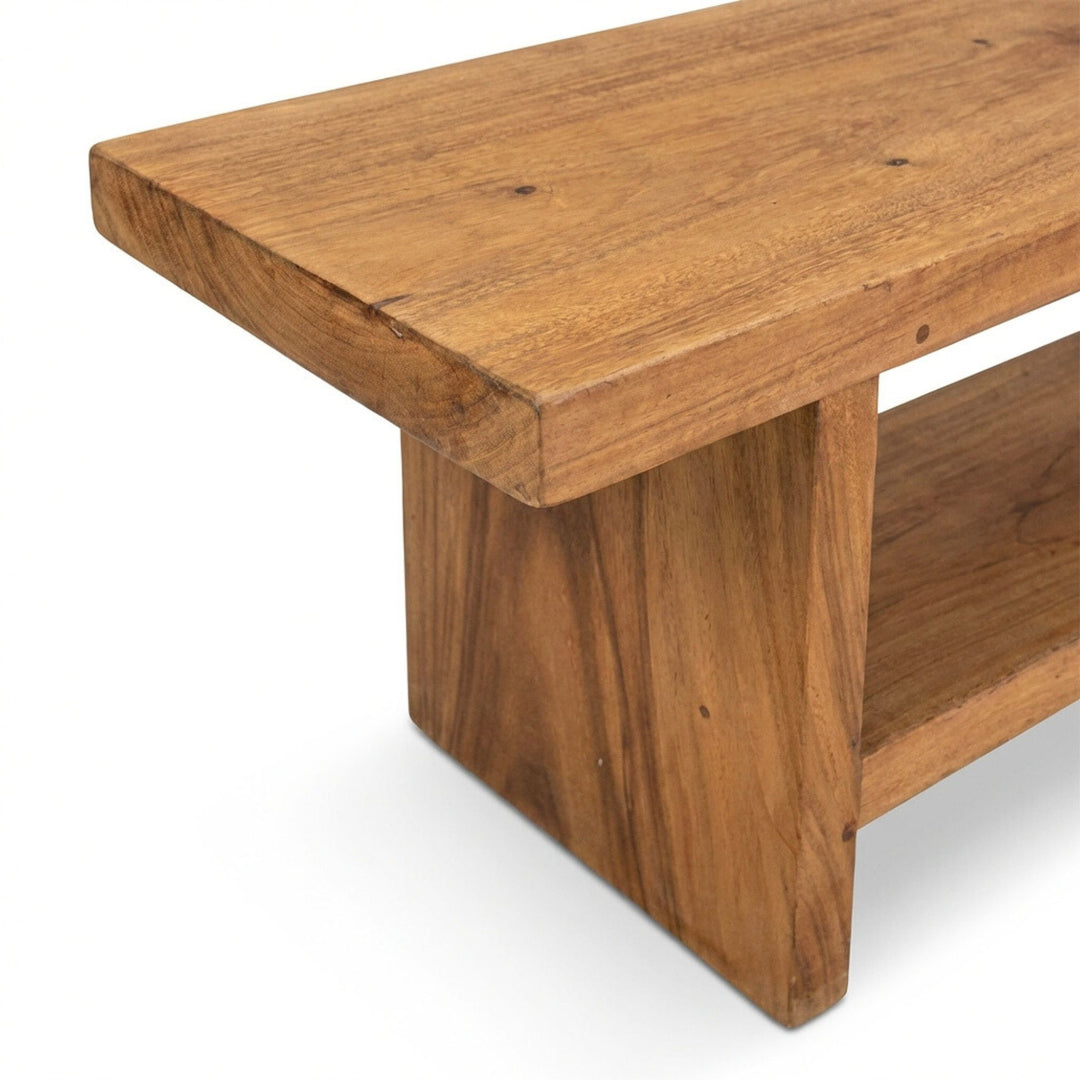 Side angle of the TV console highlighting its solid suar wood structure and clean lines.
