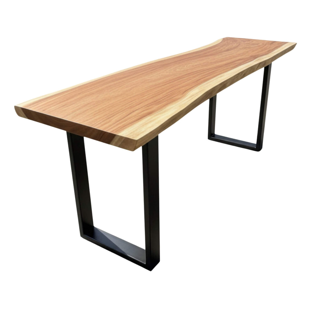 Maui Suar Wood dining table with black metal legs on a white background