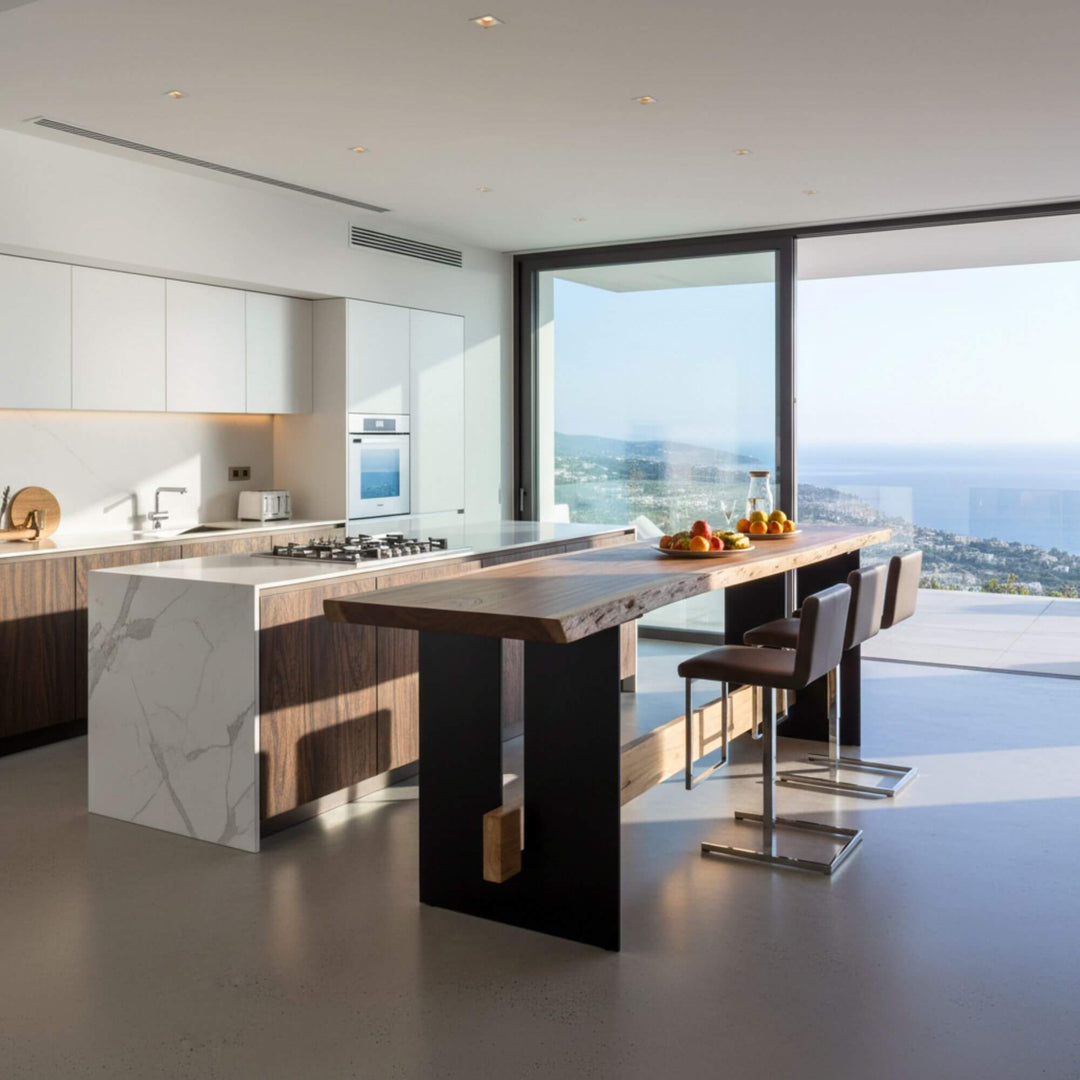 Modern kitchen with a large island Motu Nui suar wood dining table and cityscape view