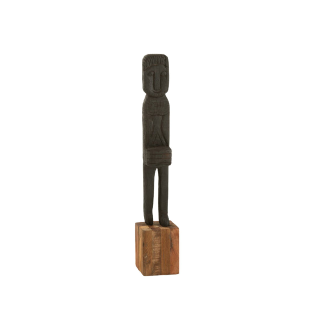 Front view of Mayotte Stand Deco, tall hand-carved recycled wood figurative sculpture on a square wooden base.