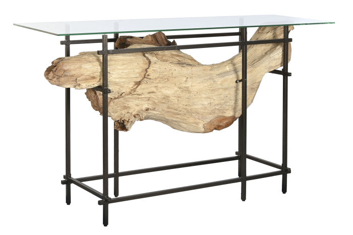 ORINOCO TEAK ROOT CONSOLE TABLE W/GLASS | 160X50X90CM