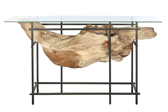 ORINOCO TEAK ROOT CONSOLE TABLE W/GLASS | 160X50X90CM