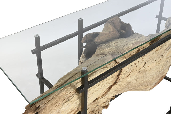ORINOCO TEAK ROOT CONSOLE TABLE W/GLASS | 160X50X90CM