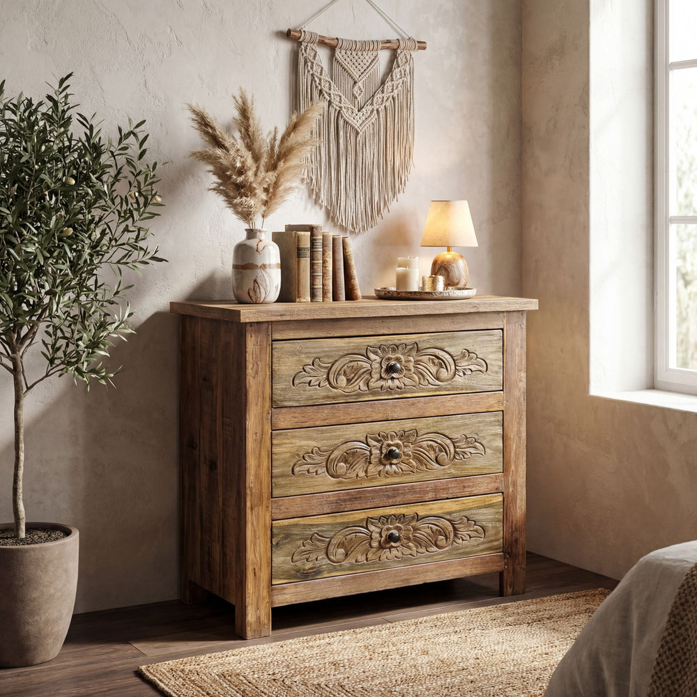 Styled interior setting featuring the Medea drawer cabinet in a warm natural bedroom corner.