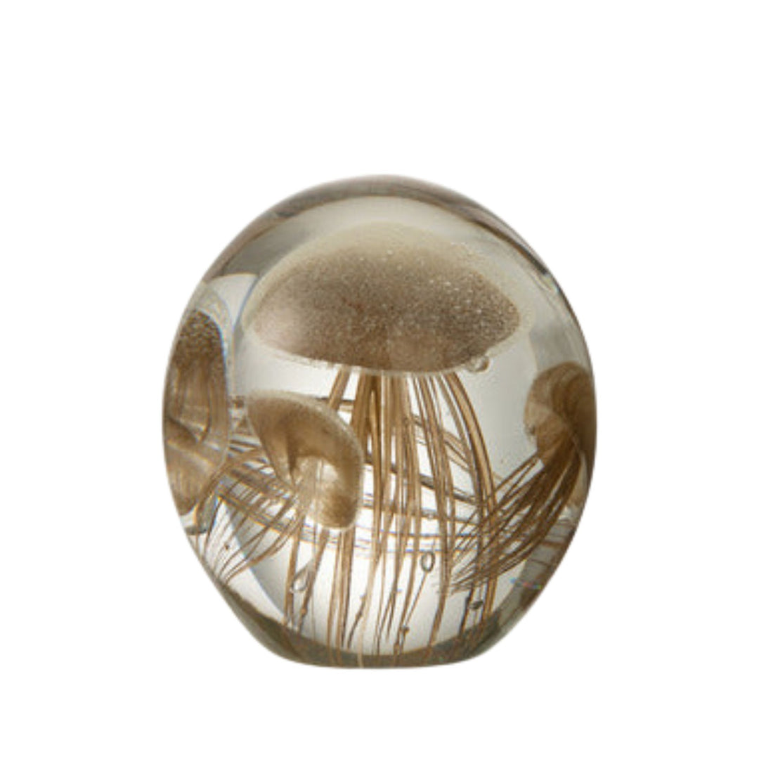 Front view of the Medusa Glass Brown piece highlighting warm sand and brown tones inside clear glass.