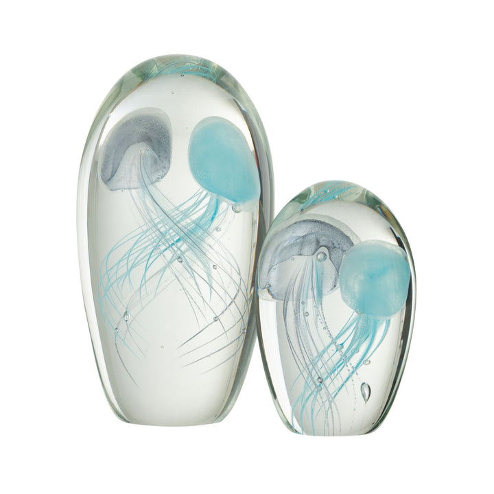 Medusa Glass Sky decorative sculpture featuring sky blue jellyfish details in clear glass.