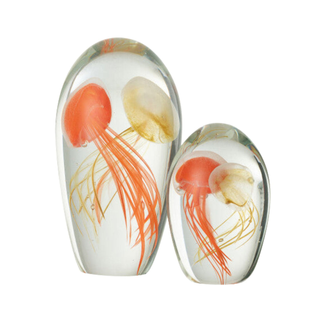 Medusa Glass Sunrise decorative object showing jellyfish design suspended in clear glass.