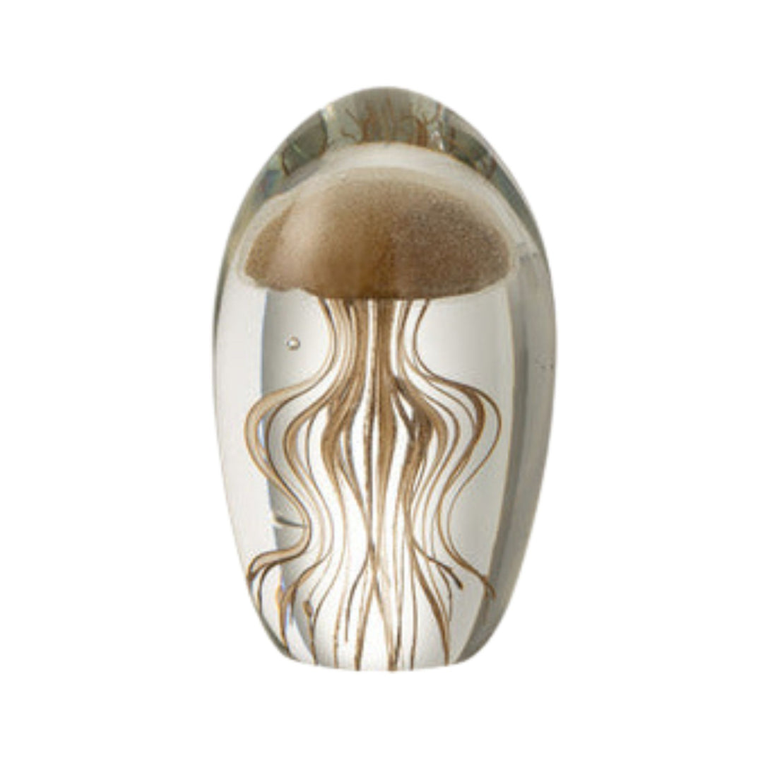 Front view of the Medusa glass decorative object in transparent glass with brown jellyfish-inspired design.