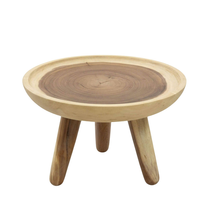 Front view of the Meemu coffee table showing its rounded suar wood top and sturdy wooden legs.