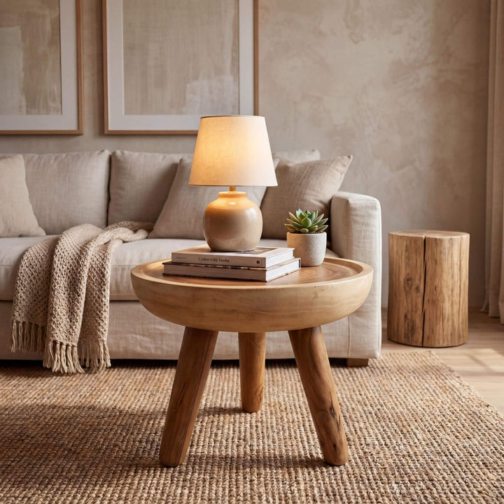 Styled living room setting featuring the Meemu coffee table in a warm natural interior.