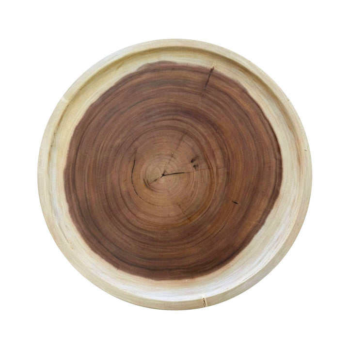 Top view of the coffee table highlighting its circular tray-style top and rich natural wood grain.
