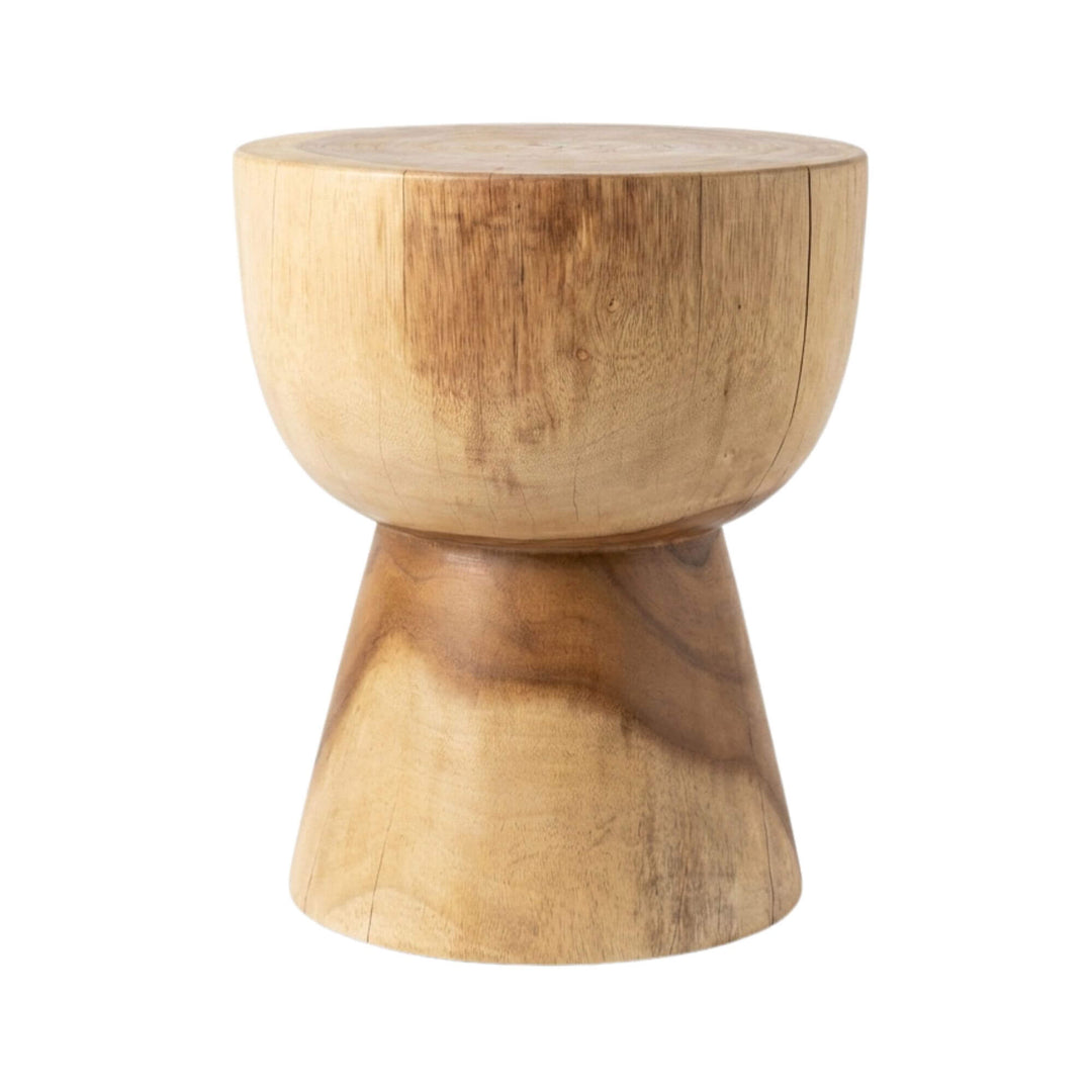 Meemu suar wood stool highlighting its rounded top and sculptural base.