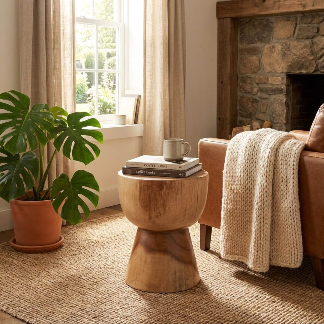 Interior styling view of the Meemu stool used as a side table next to a sofa.
