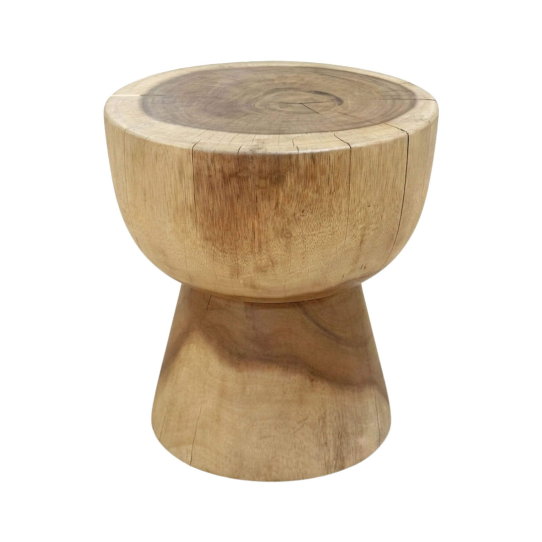 Top view of the Meemu stool showcasing the natural suar wood grain.