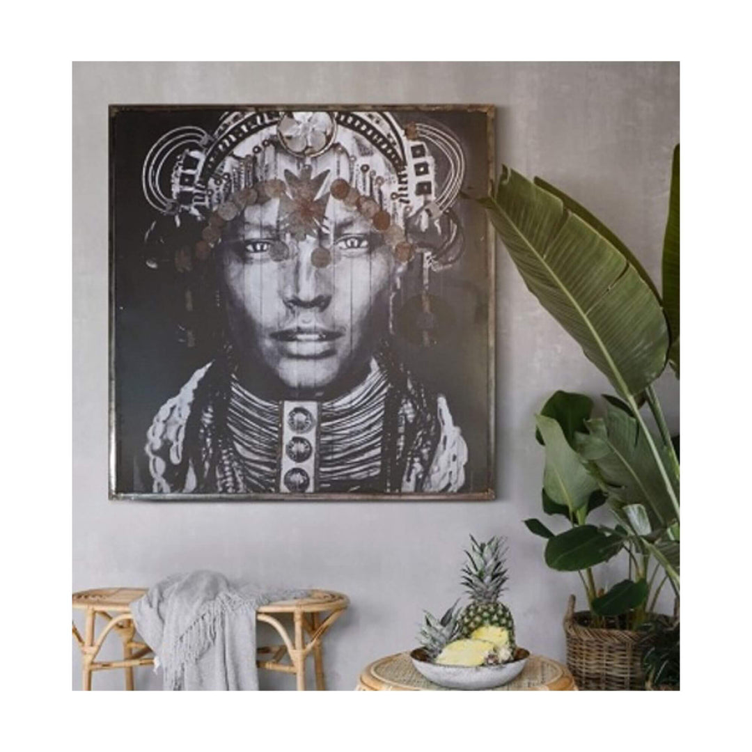 Mentawi Girl Art metal wall decor with black and white tribal portrait.