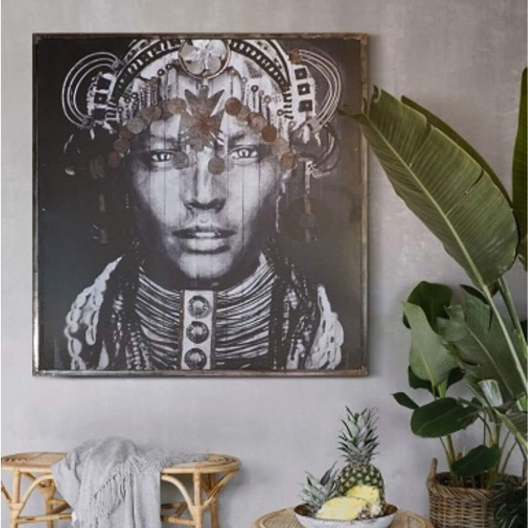 Mentawi Girl Art metal wall decor with black and white tribal portrait.