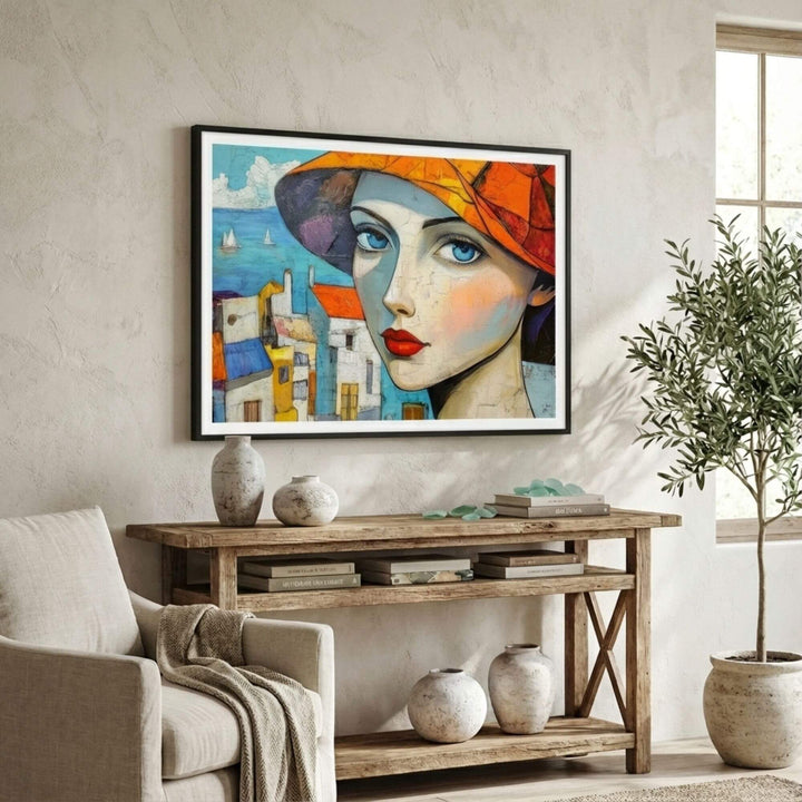 Styled interior setting showing the artwork displayed above a wooden console in a bright living space.