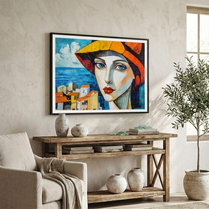 Styled interior setting showing the artwork displayed above a wooden console in a bright living space.