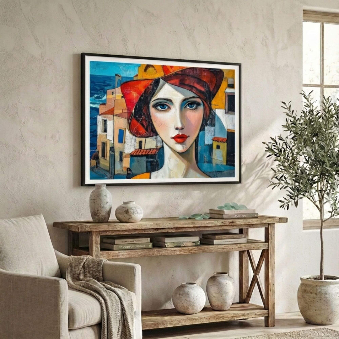 Styled interior setting showing the artwork displayed above a wooden console in a bright living space.