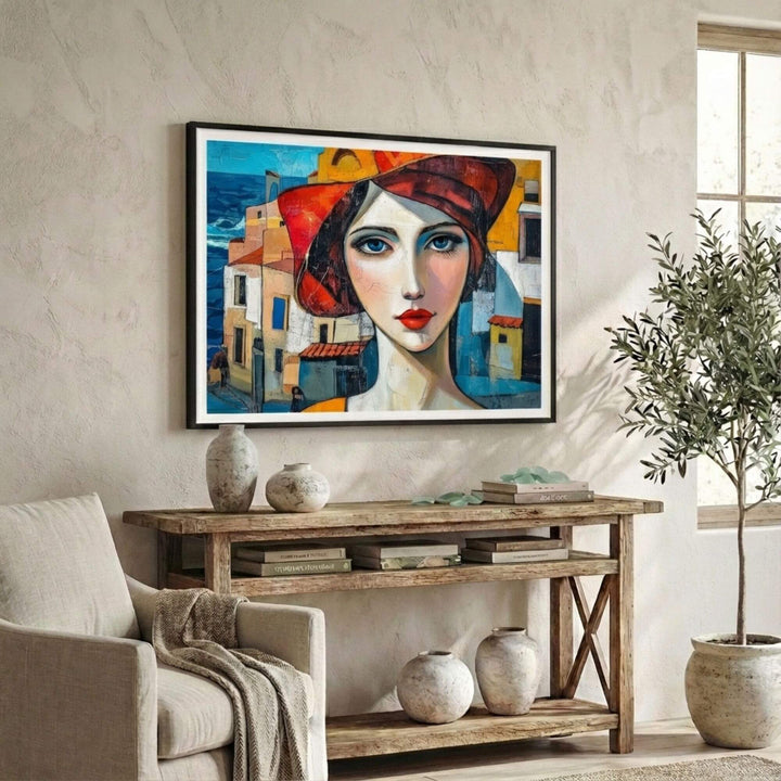 Styled interior setting showing the artwork displayed above a wooden console in a bright living space.