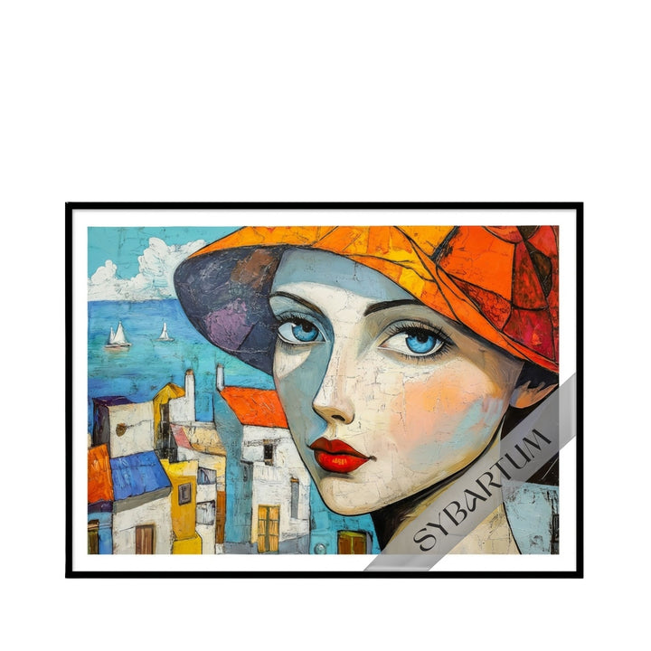 Front view of framed “Mi Costa del Sol” artwork featuring a geometric portrait inspired by Mediterranean colors and coastal scenery.