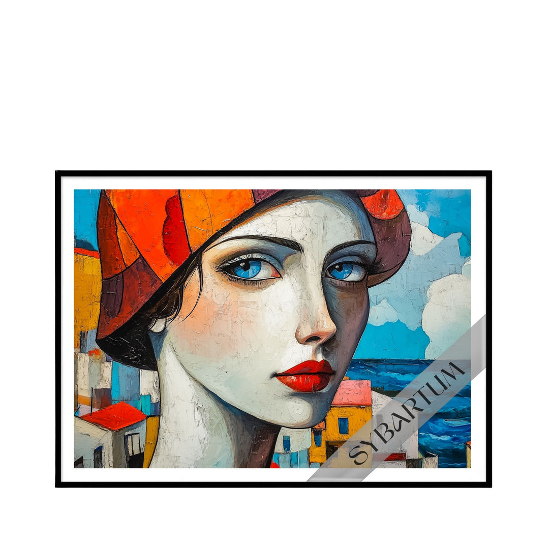Front view of framed “Mi Costa del Sol” artwork featuring a geometric portrait inspired by Mediterranean colors and coastal scenery.