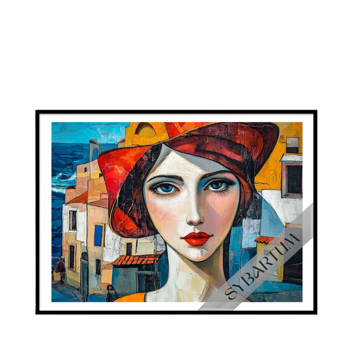 Front view of framed “Mi Costa del Sol” artwork featuring a geometric portrait inspired by Mediterranean colors and coastal scenery.