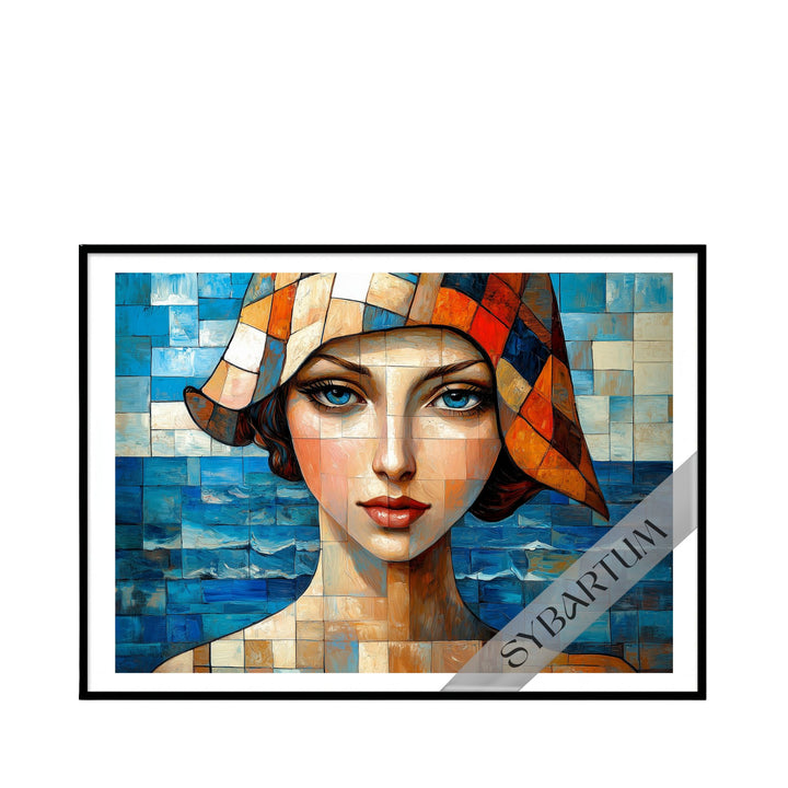 Front view of framed “Mi Costa del Sol” artwork featuring a geometric portrait inspired by Mediterranean colors and coastal scenery.