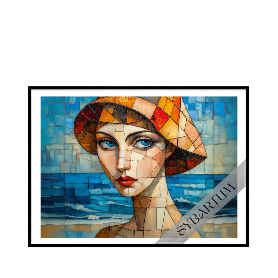 Front view of framed “Mi Costa del Sol” artwork featuring a geometric portrait inspired by Mediterranean colors and coastal scenery.